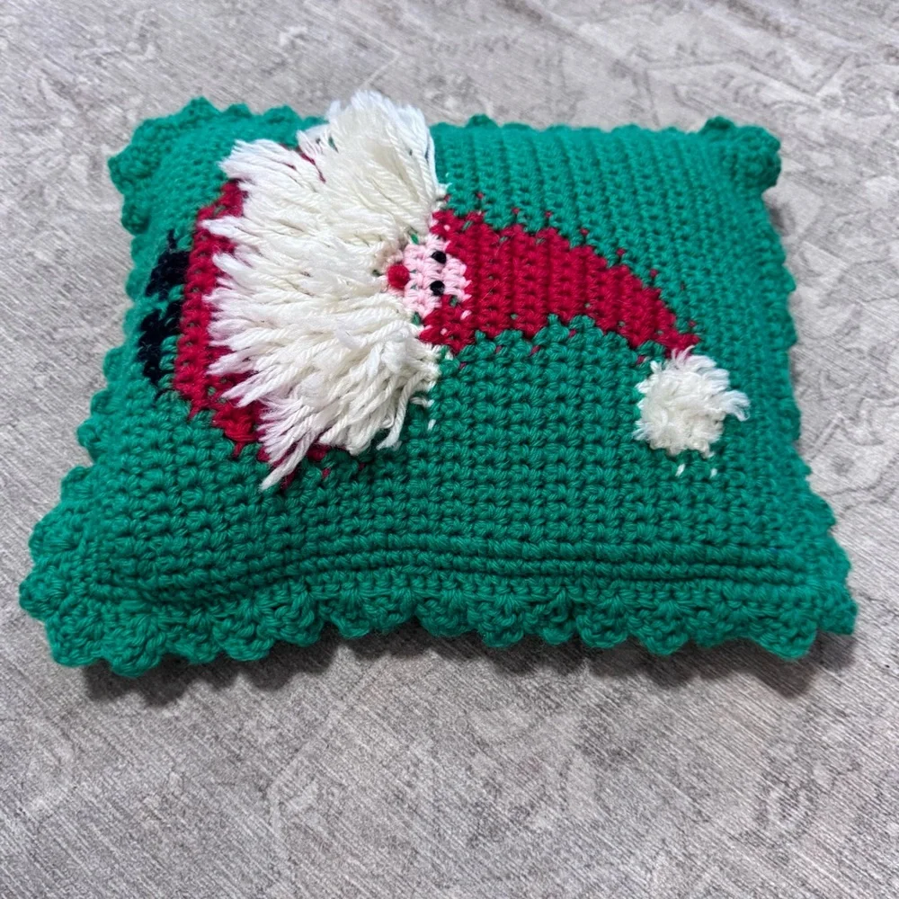 Vintage Green and Red Santa Crochet Pillow Christmas Holiday Decor